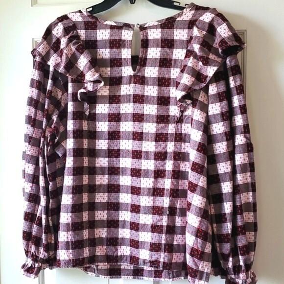 BUFFALO CHECK RUFFLE TOP SIZE PLUS 2X BLACK WHITE RED LONG SLEEVE COTTON - Picture 2 of 10